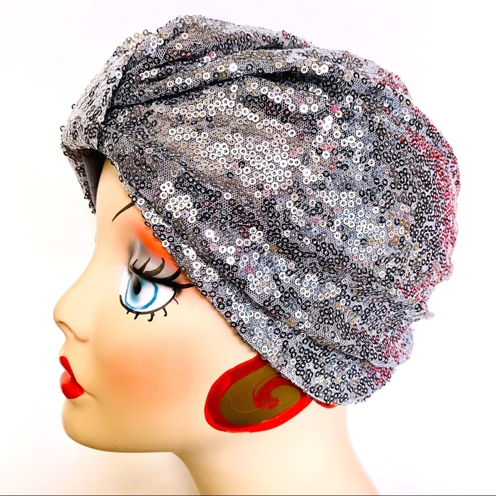 Gun metal gray all over sequined pinup turban cloche hat